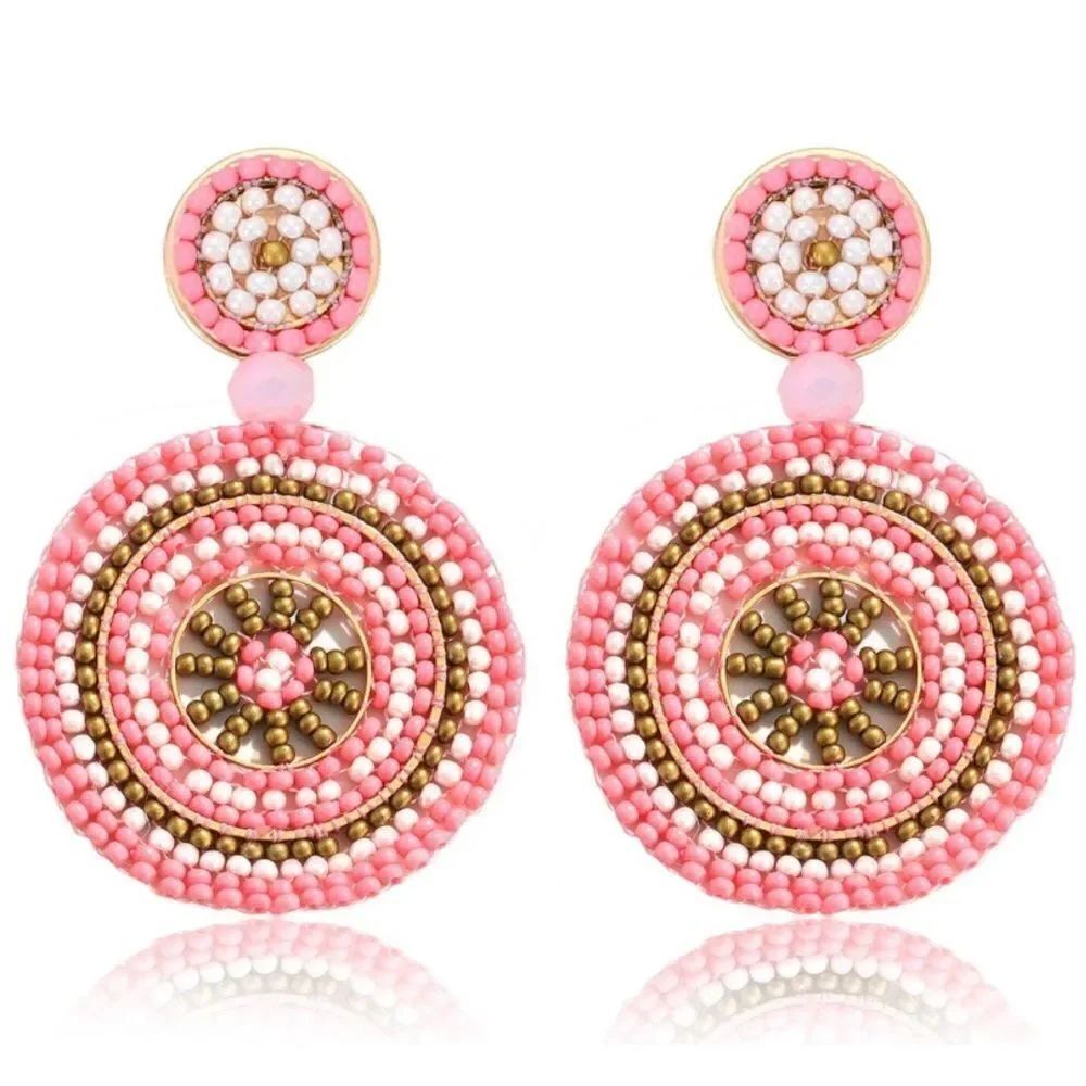 Pink and Bronze Beaded Double Round Disc Boho Drop Statement Post Back Earrings